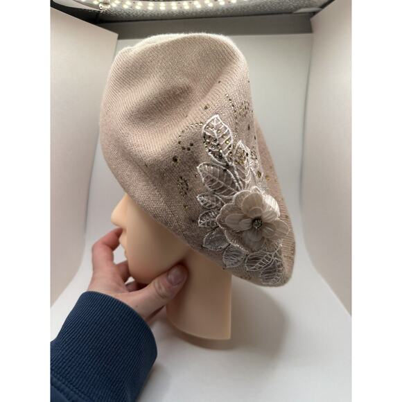 Chic French Beret Beige Rhinestone Embroidered Soft Feminine - Picture 6 of 9